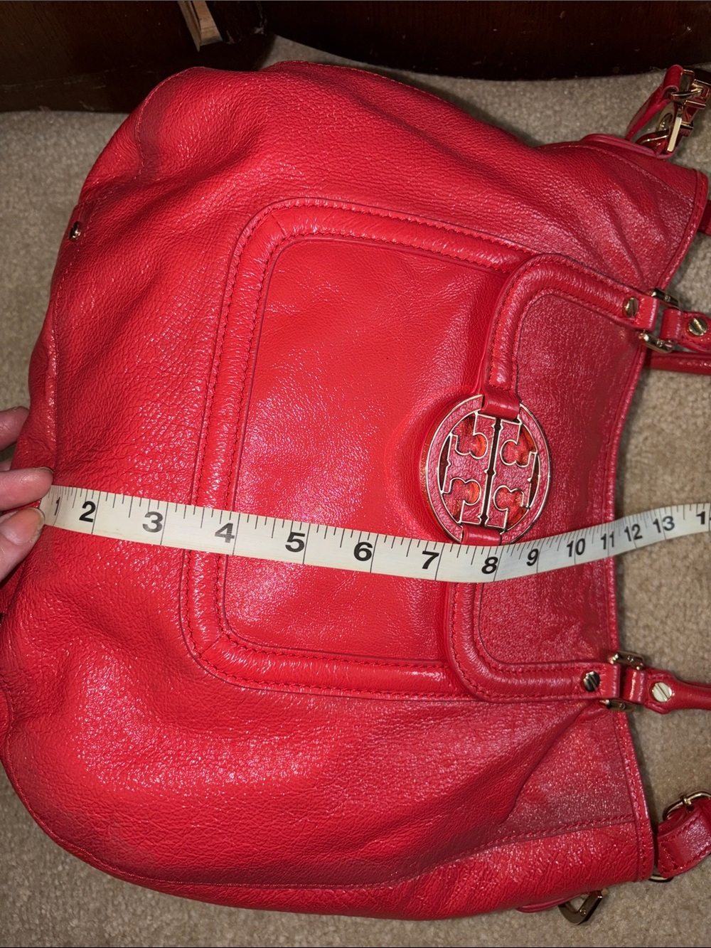 Tory Burch Red Leather Shoulder Tote with Logo Medallion